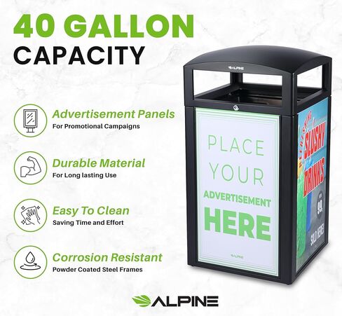 Alpine Outdoor Commercial Trash Can with Lid - 40 Gallon Heavy Duty Metal Garbage Can with Advertising Panels, Removable Bin, Locking Lid for a Modern Look in Pool, Park, Mall (Grey Stones) in Kuwait