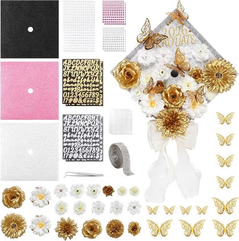 Harsever 51pcs Capure Cap Decorations DIY Kit ، Decorations Decorations Decorations مع Faux Flower 3D Butterfly Rhinestons ALPHABET ALPHABET FORDICE FOR DIY Party Party Supplies (Pink) in Kuwait