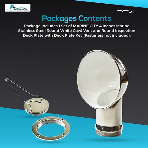 MARINE CITY 304 درجة من الفولاذ المقاوم للصدأ بفتحة تهوية دائرية بيضاء ولوحة سطح فحص دائرية مع مفتاح لوحة سطح 4 بوصات لمشاة البحرية - القوارب - اليخوت - السفن (عبوة من 1) in Kuwait