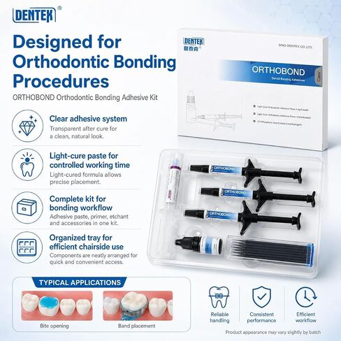 مجموعة أدوات لاصقة لتقويم الأسنان من Dentex ORTHOBOND Light Cure شفافة 3 × 4 جرام معجون + برايمر + منقوش in Kuwait