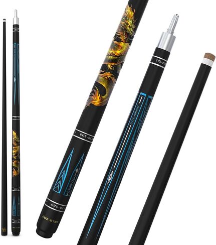 Cue-King Dragon Pool Cue, Solid Wood and Fibreglass, Stainless Steel Unilock Joint, Premium Grip, Golden Dragon Design, with Cue Case and Extension in Kuwait