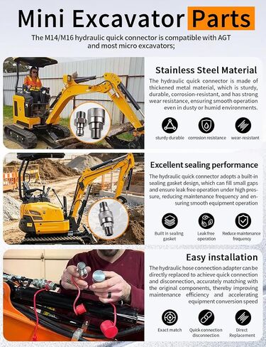 M16-M14 Hydraulic Quick Connect Fittings Fit for AGT and Most Chinese Mini Excavators 2 Male & 2 Female Couples Hydraulic Hose Connection Adapter with 4×Gaskets in Kuwait