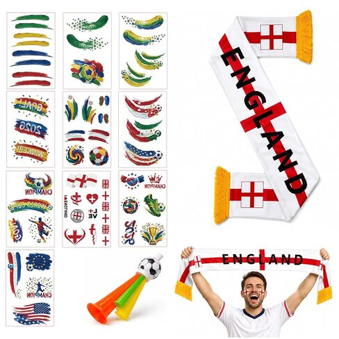2026 World Soccer Portugal Cup Fan Gear Set,12 Pcs Football Fans Double Sided Printed Fan Scarf、Three Color Fan Horn, And Fan Tattoos Stickers. For Home, Bar, And Party Cheering Perfect Choice in Kuwait