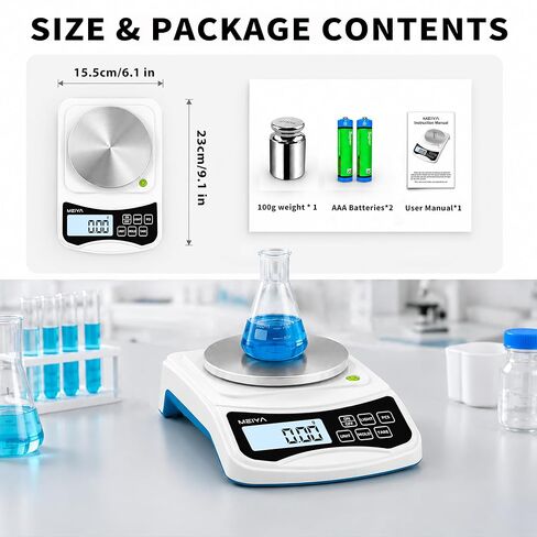MEIYA Digital Lab Scale, 1000g by 0.01g Gram Scale Accuracy, Multi-Function High Precision Electronic Scale (Includes 100g Weight and 2 x AAA Batteries) Balance Scale Approved by EU CE and US FCC in Kuwait
