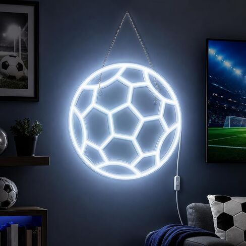 كرة القدم كرة القدم النيون، 12.6 بوصة USB لكرة القدم LED ضوء النيون، ديكور غرفة كرة القدم الأبيض البارد لغرفة نوم الأولاد، غرفة الألعاب، الفناء، ديكورات حفلات كرة القدم وديكور جدار مروحة يوم اللعبة in Kuwait