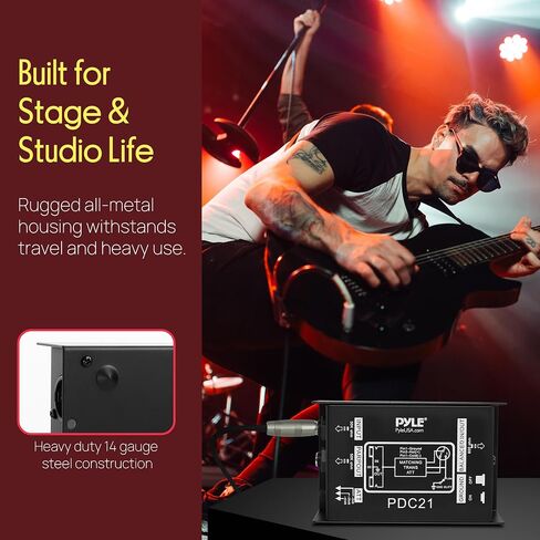 Premium Direct Injection Audio Box - Passive DI Unit Hum Eliminator w/Input Attenuator to Connect Guitar & Bass, 1/4'' Impedance Transformer Connector to Balanced & Unbalanced XLR, Black - Pyle PDC21 in Saudi Arabia