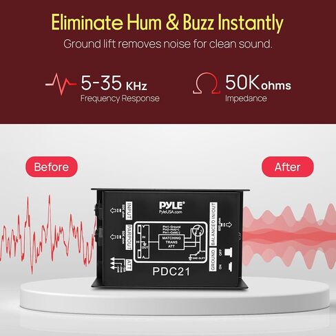 Premium Direct Injection Audio Box - Passive DI Unit Hum Eliminator w/Input Attenuator to Connect Guitar & Bass, 1/4'' Impedance Transformer Connector to Balanced & Unbalanced XLR, Black - Pyle PDC21 in Saudi Arabia