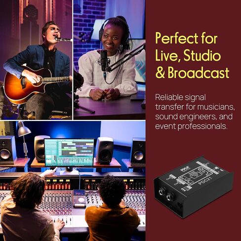 Premium Direct Injection Audio Box - Passive DI Unit Hum Eliminator w/Input Attenuator to Connect Guitar & Bass, 1/4'' Impedance Transformer Connector to Balanced & Unbalanced XLR, Black - Pyle PDC21 in Saudi Arabia