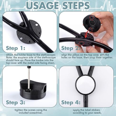 1 Set Stethoscope Tracker Holder Compatible with Airtag, Digital Stethoscope Safety Tracker Case with with 4 Name Stickers 2 Screws, 1 Screwdriver Compatible Prevent Loss in Kuwait