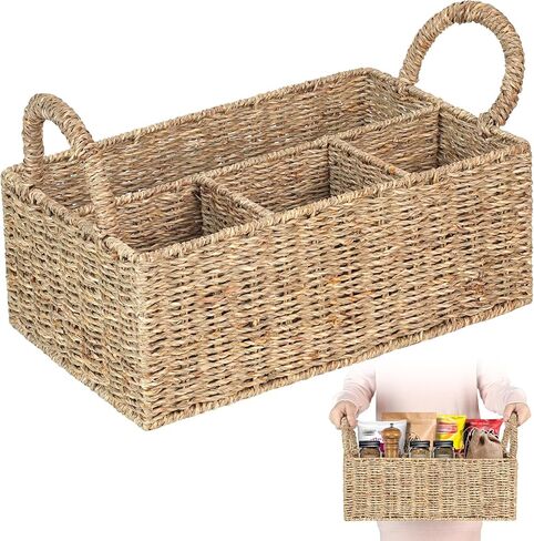 Divided Baskets with Handles, Storage Basket Natural for Organizing Bathroom Kitchen Shelves Office Supplies Organization, Wicker Storage Baskets 4 Section, 4-Compartment Wicker Basket. in Kuwait
