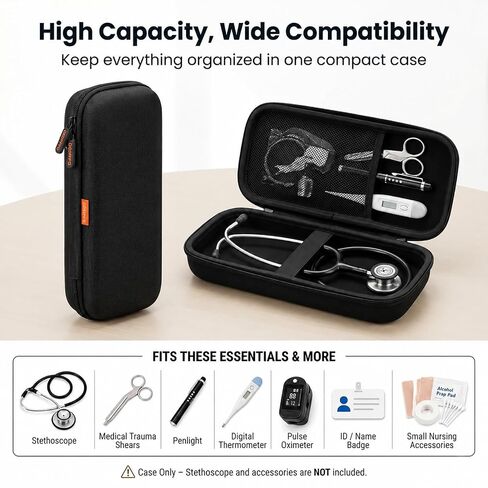 حافظة سماعة الطبيب ذات الغلاف الصلب لتشخيص 3M Littmann Classic III/Cardiology IV - حقيبة حمل واقية مستطيلة كبيرة بسحاب لسماعات MDF وADC وأساسيات الممرضات وطلاب التمريض in Kuwait