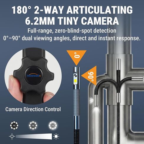 Dual Lens Articulating Borescope Camera, 6.2mm Borescope Endoscope with 5" IPS Screen, 720P HD, 4.9FT Gooseneck Cable, IP67 Waterproof Snake Cameras with 7 Lights for Automotive, Plumbing in Kuwait