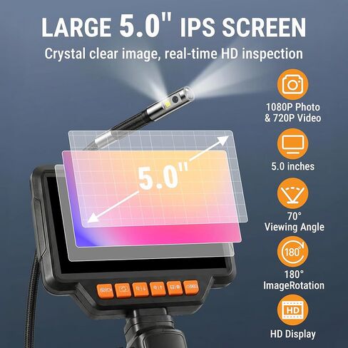 Dual Lens Articulating Borescope Camera, 6.2mm Borescope Endoscope with 5" IPS Screen, 720P HD, 4.9FT Gooseneck Cable, IP67 Waterproof Snake Cameras with 7 Lights for Automotive, Plumbing in Kuwait