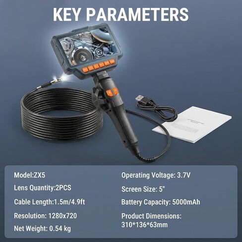 Dual Lens Articulating Borescope Camera, 6.2mm Borescope Endoscope with 5" IPS Screen, 720P HD, 4.9FT Gooseneck Cable, IP67 Waterproof Snake Cameras with 7 Lights for Automotive, Plumbing in Kuwait