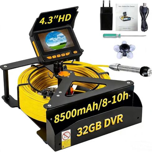 كاميرا الصرف الصحي 100 قدم، شاشة عالية الدقة 4.3 بوصة، كاميرا منظار SYANSPAN 23 مم مع ضوء، DVR سعة 16 جيجابايت، كاميرا تصريف محمولة مع بطارية 8500 مللي أمبير في الساعة، مثالية للسباكين وأصحاب المنازل in Kuwait