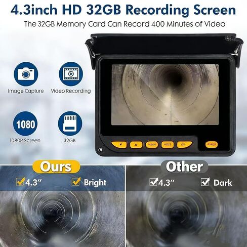 كاميرا الصرف الصحي 100 قدم، شاشة عالية الدقة 4.3 بوصة، كاميرا منظار SYANSPAN 23 مم مع ضوء، DVR سعة 16 جيجابايت، كاميرا تصريف محمولة مع بطارية 8500 مللي أمبير في الساعة، مثالية للسباكين وأصحاب المنازل in Kuwait