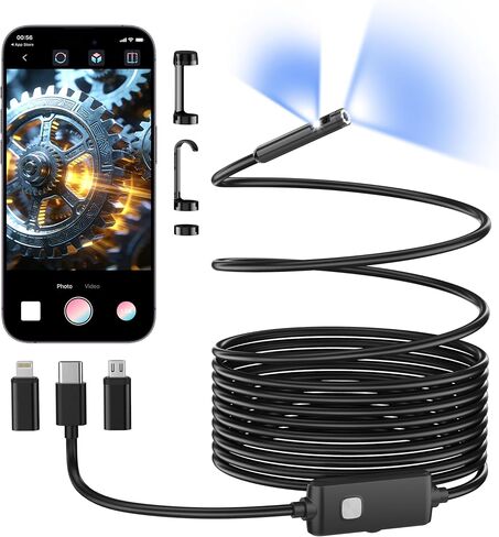 Dual-Lens Endoscope Camera with Light, 1920P HD Borescope Inspection Camera with 8+1 Adjustable LED Lights, IP67 Waterproof Endoscope with 16.4FT Semi-Rigid Snake Cable for iOS and Android in Kuwait