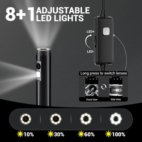 Dual-Lens Endoscope Camera with Light, 1920P HD Borescope Inspection Camera with 8+1 Adjustable LED Lights, IP67 Waterproof Endoscope with 16.4FT Semi-Rigid Snake Cable for iOS and Android in Kuwait