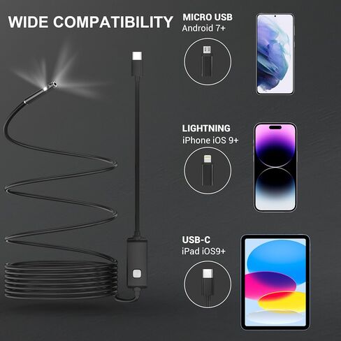 Dual-Lens Endoscope Camera with Light, 1920P HD Borescope Inspection Camera with 8+1 Adjustable LED Lights, IP67 Waterproof Endoscope with 16.4FT Semi-Rigid Snake Cable for iOS and Android in Kuwait