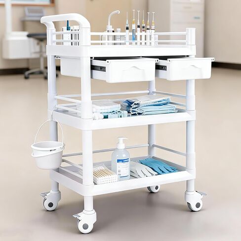 3 Tiers Medical Carts with 360° Wheels, 330LBS Rolling Utility Cart, Medical Trolley Cart with 2 Drawers, Trash Cans & Dirt Buckets, Medical Mobile Trolley Cart for Dental Clinics and Beauty Salon in Kuwait