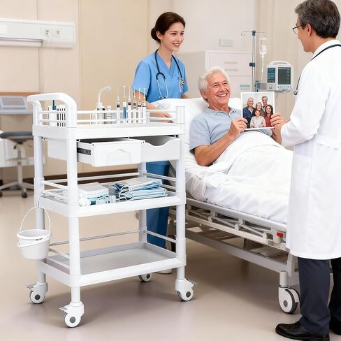 3 Tiers Medical Carts with 360° Wheels, 330LBS Rolling Utility Cart, Medical Trolley Cart with 2 Drawers, Trash Cans & Dirt Buckets, Medical Mobile Trolley Cart for Dental Clinics and Beauty Salon in Kuwait