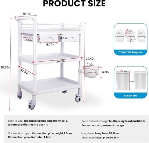 3 Tiers Medical Carts with 360° Wheels, 330LBS Rolling Utility Cart, Medical Trolley Cart with 2 Drawers, Trash Cans & Dirt Buckets, Medical Mobile Trolley Cart for Dental Clinics and Beauty Salon in Kuwait