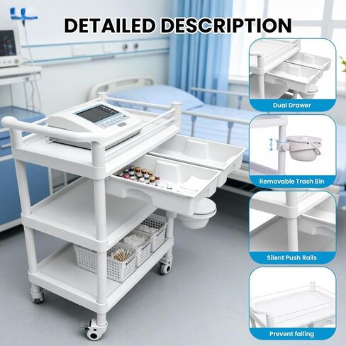 3 Tiers Medical Carts with 360° Wheels, 330LBS Rolling Utility Cart, Medical Trolley Cart with 2 Drawers, Trash Cans & Dirt Buckets, Medical Mobile Trolley Cart for Dental Clinics and Beauty Salon in Kuwait