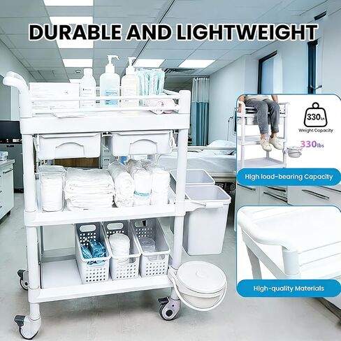 3 Tiers Medical Carts with 360° Wheels, 330LBS Rolling Utility Cart, Medical Trolley Cart with 2 Drawers, Trash Cans & Dirt Buckets, Medical Mobile Trolley Cart for Dental Clinics and Beauty Salon in Kuwait