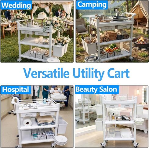3 Tiers Medical Carts with 360° Wheels, 330LBS Rolling Utility Cart, Medical Trolley Cart with 2 Drawers, Trash Cans & Dirt Buckets, Medical Mobile Trolley Cart for Dental Clinics and Beauty Salon in Kuwait