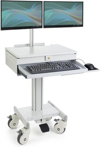 Displays2go DWMDC2M Mobile Medical Cart, Gray | 2 Monitor Holders, Height Adjustable, Pullout Tray, Steel, Plastic, MDF in Kuwait