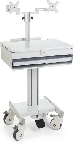 Displays2go DWMDC2M Mobile Medical Cart, Gray | 2 Monitor Holders, Height Adjustable, Pullout Tray, Steel, Plastic, MDF in Kuwait