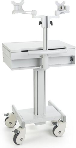 Displays2go DWMDC2M Mobile Medical Cart, Gray | 2 Monitor Holders, Height Adjustable, Pullout Tray, Steel, Plastic, MDF in Kuwait