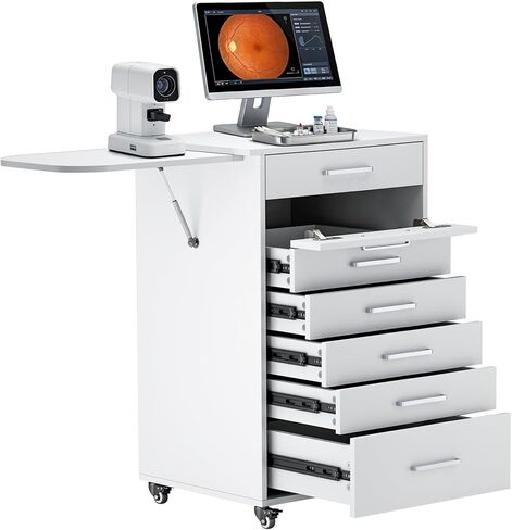 7-Layer Drawers Wooden Medical Trolley Cart with Folding Work Table, 4 Swivel Wheels & Handle, 220LBS Load Capacity Portable Storage Cart for Hospital Dental Clinic (White, with Side Armrests) in Kuwait