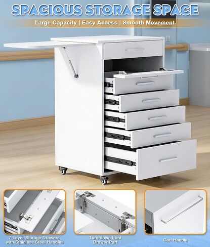7-Layer Drawers Wooden Medical Trolley Cart with Folding Work Table, 4 Swivel Wheels & Handle, 220LBS Load Capacity Portable Storage Cart for Hospital Dental Clinic (White, with Side Armrests) in Kuwait