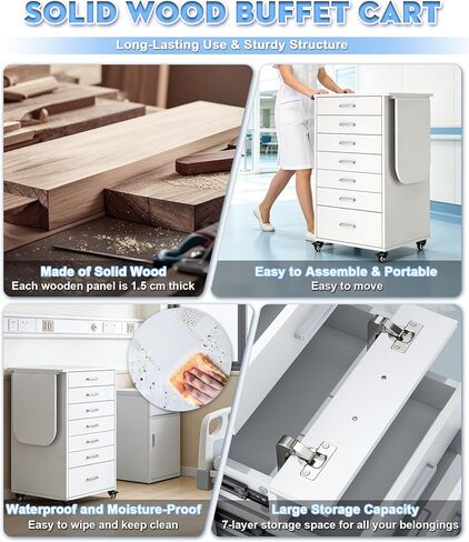 7-Layer Drawers Wooden Medical Trolley Cart with Folding Work Table, 4 Swivel Wheels & Handle, 220LBS Load Capacity Portable Storage Cart for Hospital Dental Clinic (White, with Side Armrests) in Kuwait