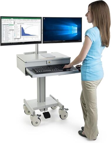 Displays2go DWMDC2M Mobile Medical Cart, Gray | 2 Monitor Holders, Height Adjustable, Pullout Tray, Steel, Plastic, MDF in Kuwait