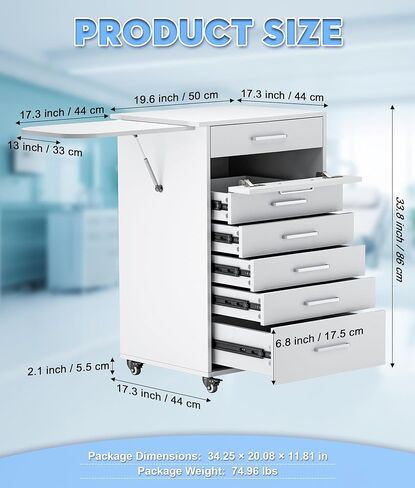 7-Layer Drawers Wooden Medical Trolley Cart with Folding Work Table, 4 Swivel Wheels & Handle, 220LBS Load Capacity Portable Storage Cart for Hospital Dental Clinic (White, with Side Armrests) in Kuwait