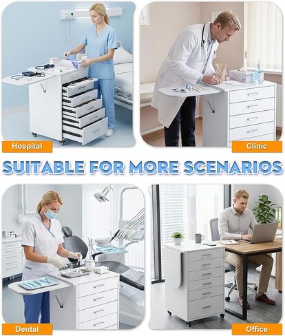 7-Layer Drawers Wooden Medical Trolley Cart with Folding Work Table, 4 Swivel Wheels & Handle, 220LBS Load Capacity Portable Storage Cart for Hospital Dental Clinic (White, with Side Armrests) in Kuwait