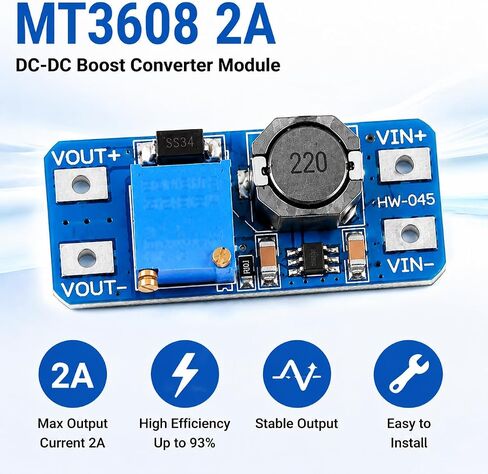 6 عبوات MT3608 DC-DC Boost Converter 2A، وحدة منظم جهد تصاعدي قابلة للتعديل 2V-24V إلى 5V-28V، كفاءة عالية تصل إلى 93%، لوحة إمداد الطاقة للإلكترونيات DIY، Arduino، محرك LED in Kuwait