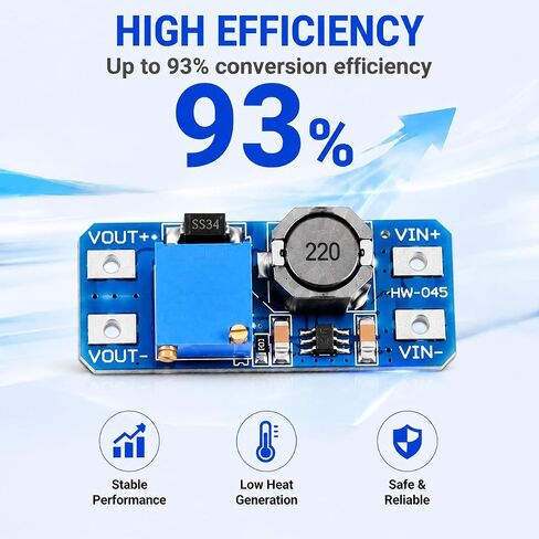 6 عبوات MT3608 DC-DC Boost Converter 2A، وحدة منظم جهد تصاعدي قابلة للتعديل 2V-24V إلى 5V-28V، كفاءة عالية تصل إلى 93%، لوحة إمداد الطاقة للإلكترونيات DIY، Arduino، محرك LED in Kuwait