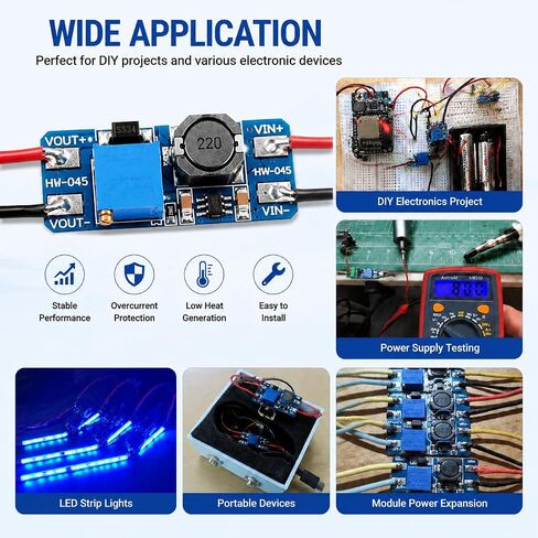 6 عبوات MT3608 DC-DC Boost Converter 2A، وحدة منظم جهد تصاعدي قابلة للتعديل 2V-24V إلى 5V-28V، كفاءة عالية تصل إلى 93%، لوحة إمداد الطاقة للإلكترونيات DIY، Arduino، محرك LED in Kuwait