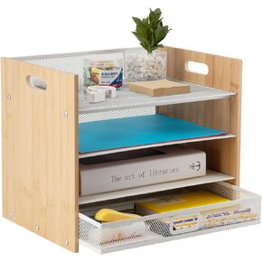COCSKERQL 4 Tier Mesh Desk Organizer with Handle, Bamboo Letter Tray Paper Organizer with Drawer, White Desk Organizers and Accessories for School Home Office Supplies