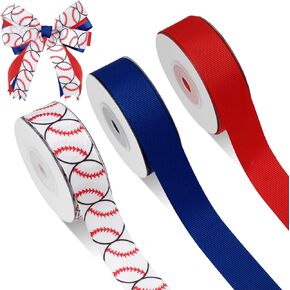 Hanaive 3 Roll Baseball Wrapping Grosgrain Ribbon 7/8 Inch Softball Ribbon Baseball Craft Ribbon Wired Sport Ball Craft Ribbon for Team Hair Bow Wreath Sport Team Party Decoration and Crafting 30 Yard