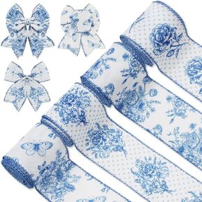AnyDesign White and Blue Wired Edge Ribbon Floral Butterfly Craft Ribbon 24 Yards 2.5 Inch Blue Flower Fabric Ribbon for Wreath Bow DIY Craft Wedding Bridal Shower Gift Wrapping Supplies