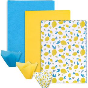 Whaline Lemon Tissue Paper Folded Flat Yellow Blue Gift Wrapping Paper Art Paper for Lemon Party Summer DIY Gift Packing Party Favor Holiday Paper Flower Craft Making, 14 x 20 Inch, 90 Sheet