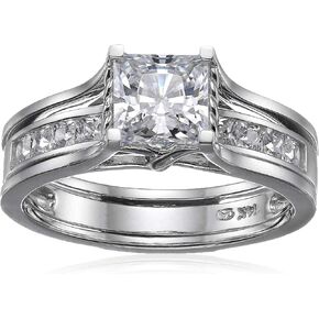 Solid 14k White Gold Bridal Set Princess Cut Solitaire Engagement Ring with Matching Channel Set Wedding Band CZ Cubic Zirconia 2.0ct.