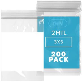 GPI 200 Count 1.5" x 1.5" Clear Plastic RECLOSABLE Zip Bags - Bulk 2 mil Thick Strong & Durable Poly Baggies with Resealable Zipper Top Lock & Write-on White Block, for Jewelry, Packaging & Shipping