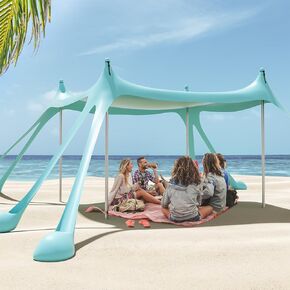 خيمة الشاطئ مظلة الشمس المأوى 10x10ft UPF50+ حماية الظل المحمولة مع 8 أكياس الرمل، 4 أقطاب، 2 مجارف الرمل، ربط الأرض للفناء الخلفي في الهواء الطلق التخييم الصيد نزهة الفيروز