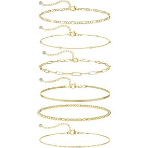 Gold Anklets for Women, 14k Gold Ankle Bracelets for Women Waterproof Cuban Link Anklets Layered Gold Beaded Anklet Bracelets Set Trendy Summer Jewelry for Women Girls fashion Gift