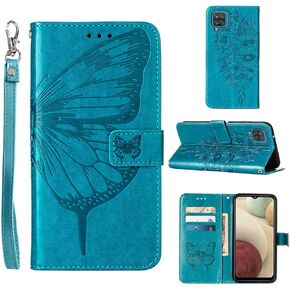 A12 Phone Case Wallet,for Galaxy A12 Case,[Kickstand][Wrist Strap][Card Holder Slots] Butterfly Floral Embossed PU Leather Flip Protective Cover for Samsung A12 Case (Blue)
